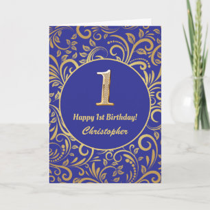 1st Birthday Navy Blue and Gold Floral Pattern Card