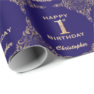 1st Birthday Navy Blue and Gold Glitter Frame Wrapping Paper