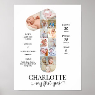 1st Birthday Number 1 Milestone Baby Photo Collage Poster