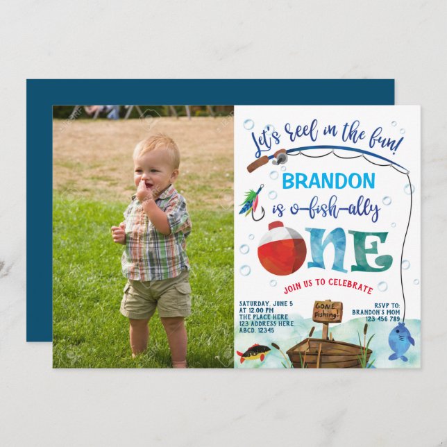 1st Birthday O-fish-ally Little Fisherman photo Invitation (Front/Back)