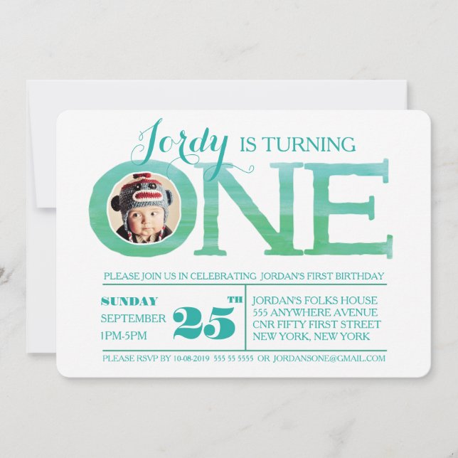 1st Birthday Ombre Watercolor One Photo Invitation (Front)