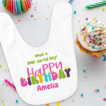 1st Birthday One-derful Day Colourful Candles Bib<br><div class="desc">1st Birthday Bib which you can personalize for your baby girl's first birthday with her name and your custom text. The wording currently reads "what a one-derful day" and you can edit this if you wish. The design has colourful candles lettered in cute and whimsical, groovy retro typography in pink,...</div>