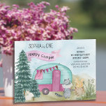 1st Birthday One Happy Camper Woodland Caravan Invitation<br><div class="desc">One Happy Camper 1st Birthday Party Invite with watercolor illustration of a vintage caravan decorated with bunting. The camper van is parked by the trees with cute woodland animals,  namely raccoon,  squirrel and white rabbit. Easy to edit with the happy camper's name and birthday invitation details.</div>