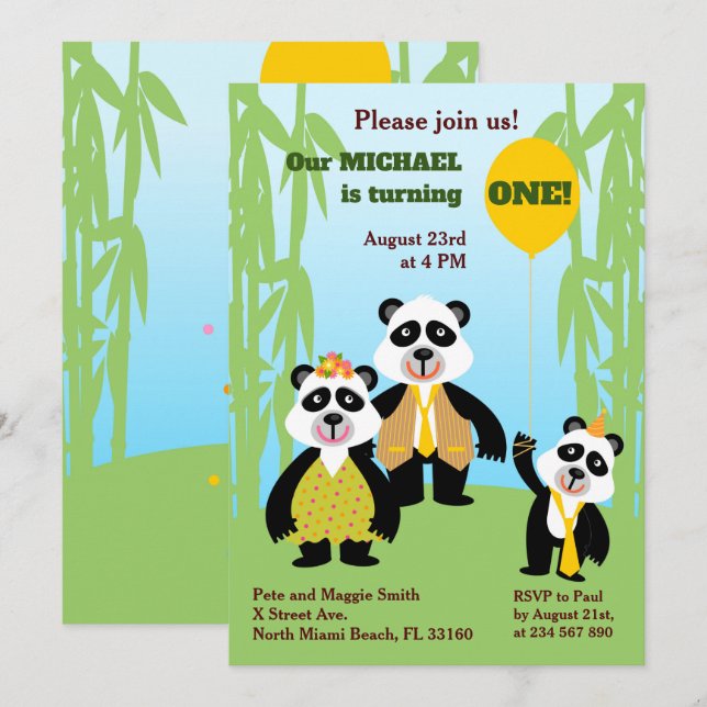 1st Birthday Panda Bear Family Party Invitation (Front/Back)