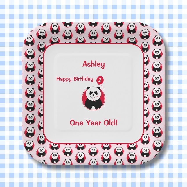 1st birthday panda red balloon paper plate (Creator Uploaded)