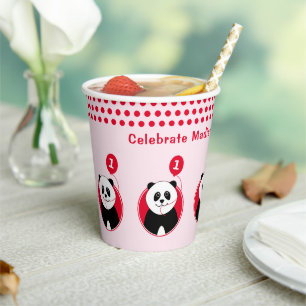 1st birthday panda red balloon pink paper cups