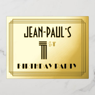 1st Birthday Party ~ Art Deco Style “1” + Name Foil Invitation Postcard