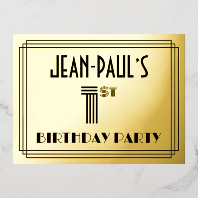 1st Birthday Party ~ Art Deco Style “1” + Name Foil Invitation Postcard (Front)