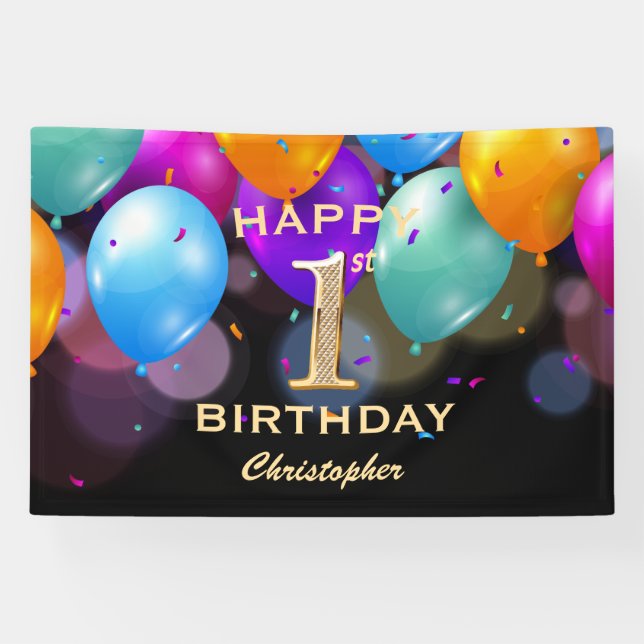 1st Birthday Party Black and Gold Balloons Banner (Horizontal)