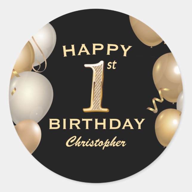 1st Birthday Party Black and Gold Balloons Classic Round Sticker (Front)