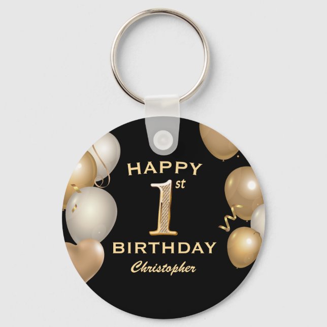 1st Birthday Party Black and Gold Balloons Keychain (Front)