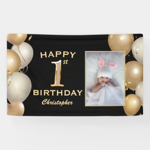 1st Birthday Party Black and Gold Balloons Photo Banner