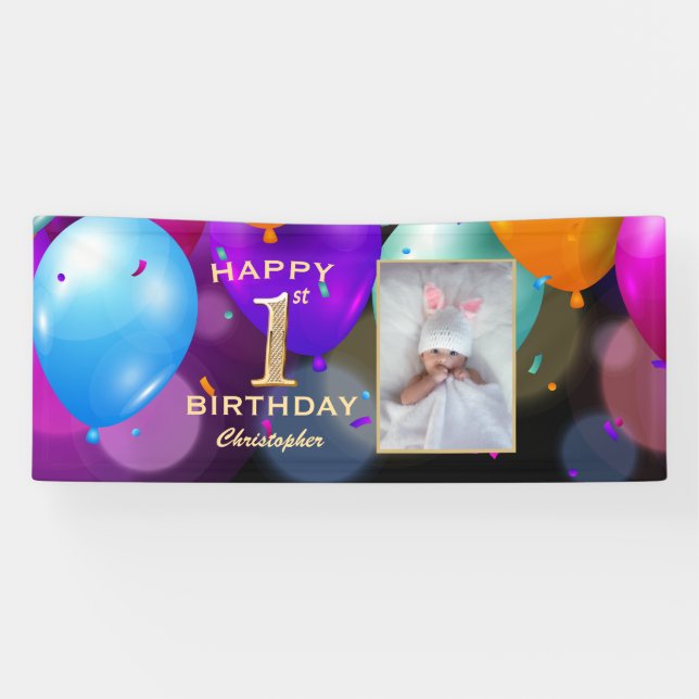 1st Birthday Party Black and Gold Balloons Photo Banner (Horizontal)