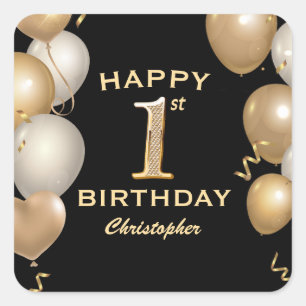 1st Birthday Party Black and Gold Balloons Square Sticker