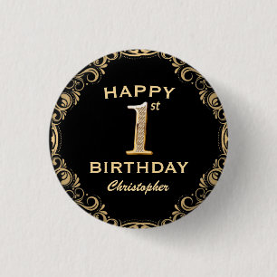 1st Birthday Party Black and Gold Glitter Frame 1 Inch Round Button