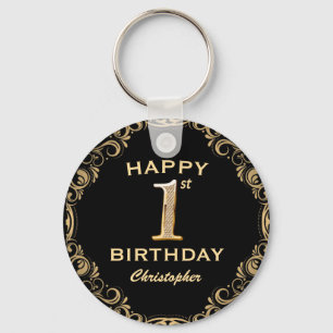 1st Birthday Party Black and Gold Glitter Frame Keychain