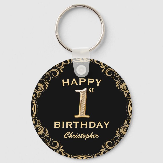 1st Birthday Party Black and Gold Glitter Frame Keychain (Front)