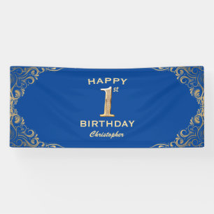 1st Birthday Party Blue and Gold Glitter Frame Banner