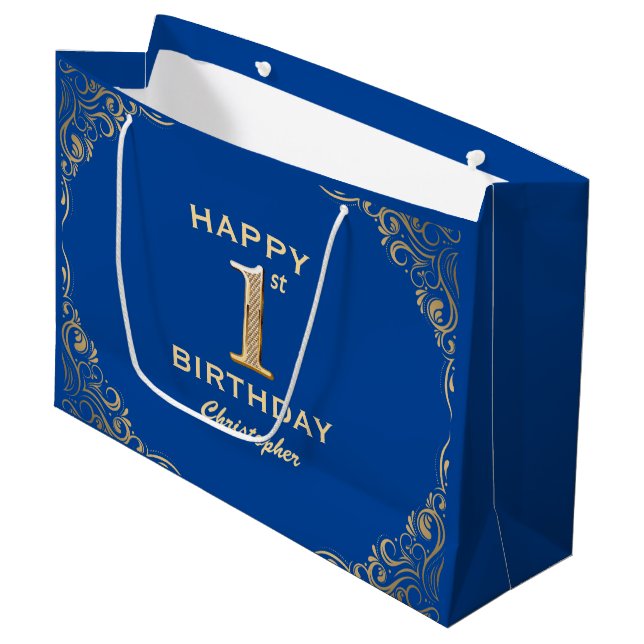 1st Birthday Party Blue and Gold Glitter Frame Large Gift Bag (Front Angled)