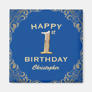 1st Birthday Party Blue and Gold Glitter Frame Magnet