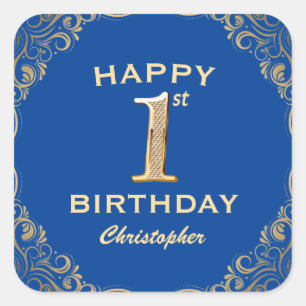 1st Birthday Party Blue and Gold Glitter Frame Square Sticker