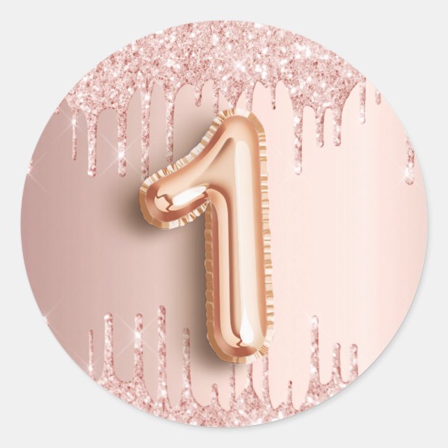 1st birthday party blush rose gold glitter classic round sticker (Front)