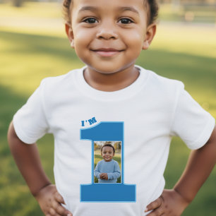 1st Birthday Party Boys Blue One Photo Baby T-Shirt
