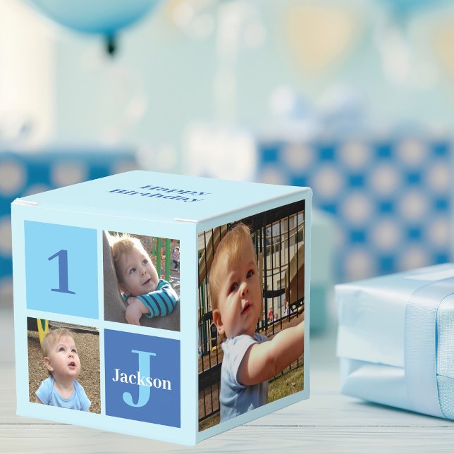 1st Birthday Party Boys Photo Collage Blue Favor Box (Creator Uploaded)