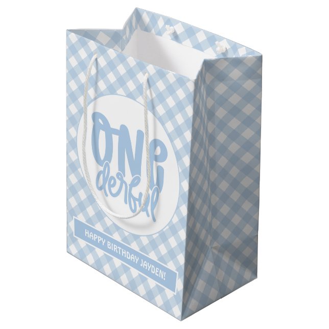 1st Birthday Party Cute Pastel Blue Onederful Medium Gift Bag (Back Angled)