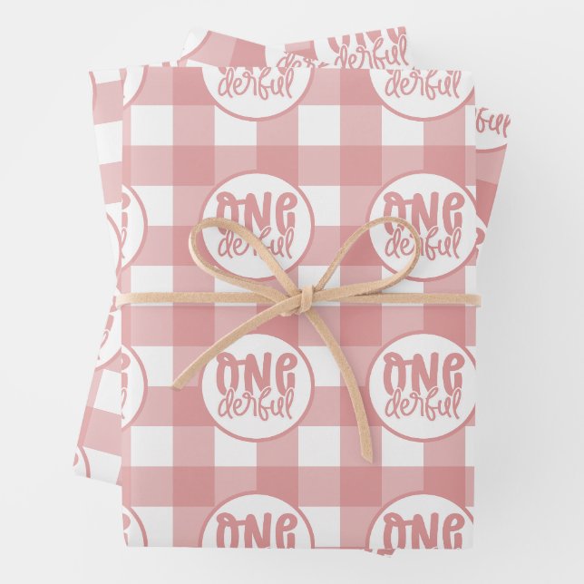 1st Birthday Party Cute Pastel Pink Onederful Wrapping Paper Sheet (In situ)