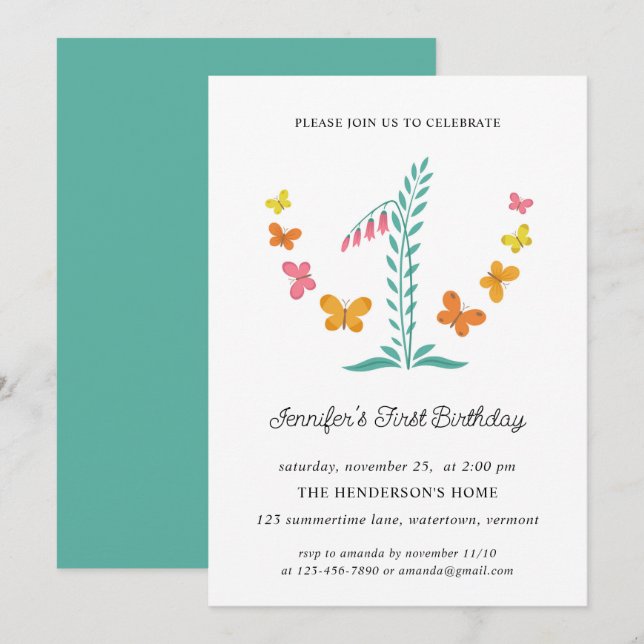 1st Birthday Party Floral Botanical Butterfly Invitation (Front/Back)