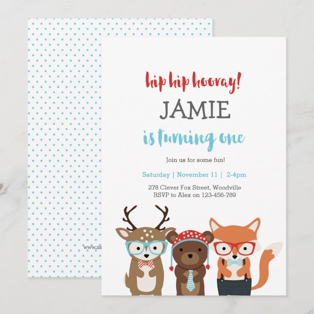 1st Birthday Party | Fun Woodland animals Invitation (Front/Back)