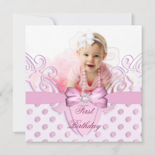 1st Birthday Party Girl Pink White Bow Image Invitation