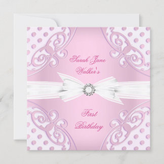 1st Birthday Party Girl Pink White Polka Dot bow Invitation