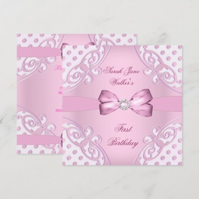 1st Birthday Party Girl Pink White Polka Dot Invitation (Front/Back)