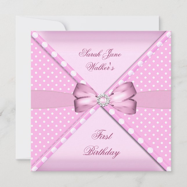 1st Birthday Party Girl Pink White Polka Dot Invitation (Front)