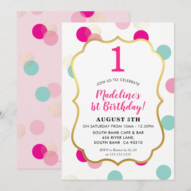 1st BIRTHDAY PARTY INVITE modern confetti spot (Front/Back)