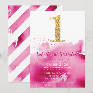 1ST BIRTHDAY PARTY INVITE modern gold glitter pink