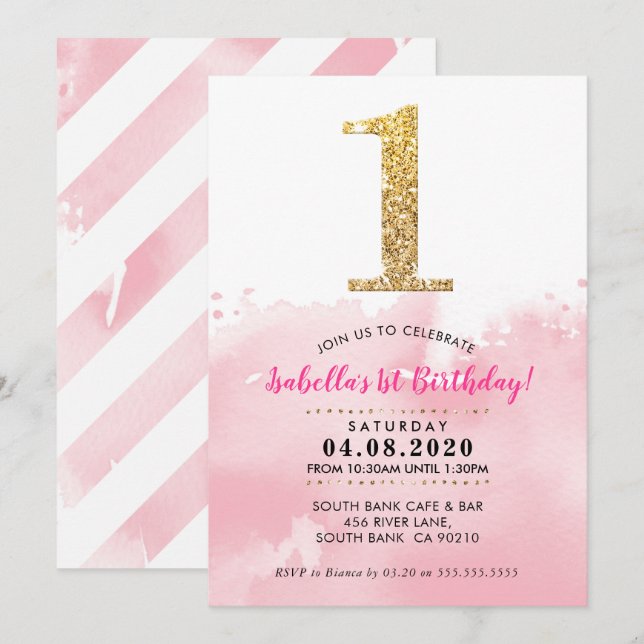 1ST BIRTHDAY PARTY INVITE modern gold glitter pink (Front/Back)