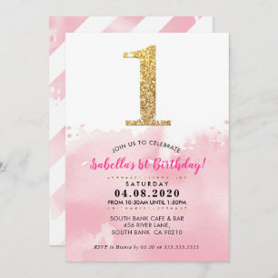 1ST BIRTHDAY PARTY INVITE modern gold glitter pink