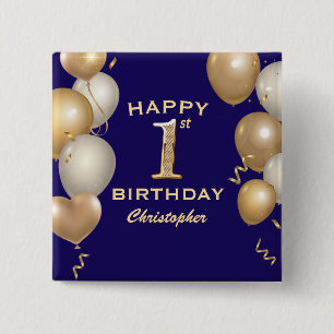1st Birthday Party Navy Blue and Gold Balloons 2 Inch Square Button