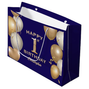 1st Birthday Party Navy Blue and Gold Balloons Large Gift Bag
