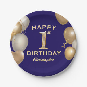 1st Birthday Party Navy Blue and Gold Balloons Paper Plate