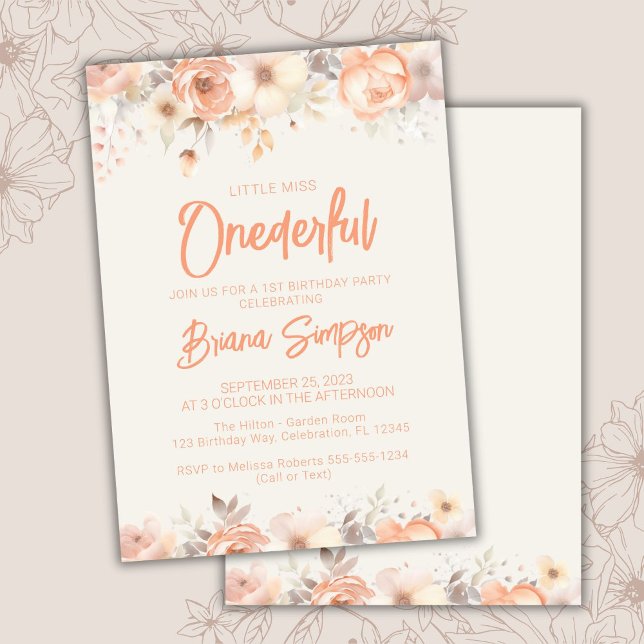 1st Birthday Party Peach Ivory Beige Floral Invitation (Creator Uploaded)