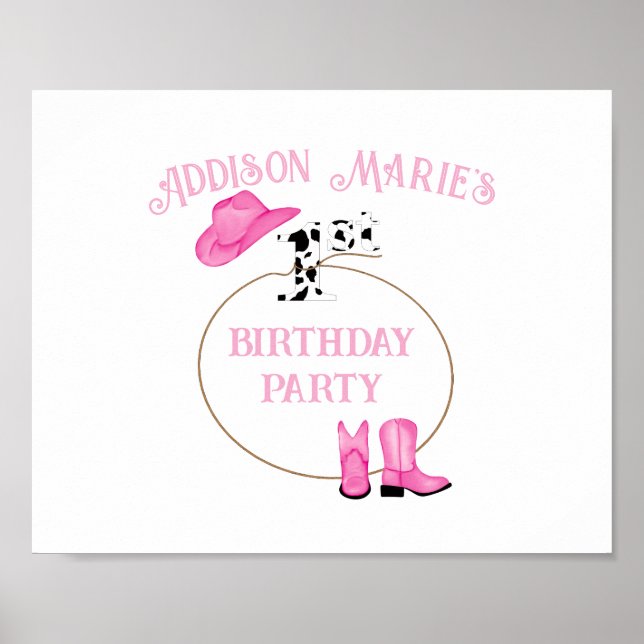 1st Birthday Party Pink and White Rodeo Cowgirl Poster (Front)