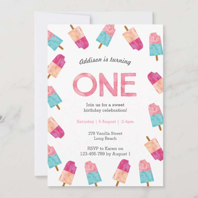 1st Birthday Party | Popsicle Ice cream invitation (Front)