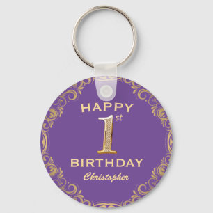 1st Birthday Party Purple and Gold Glitter Frame Keychain
