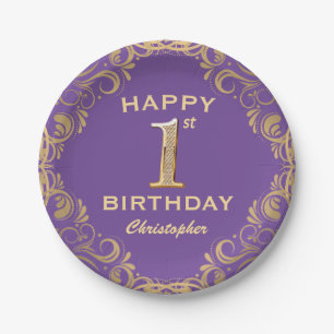 1st Birthday Party Purple and Gold Glitter Frame Paper Plate