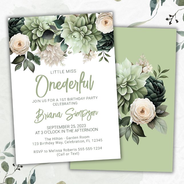 1st Birthday Party Sage Green Floral Invitation (Creator Uploaded)