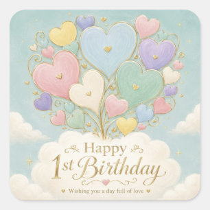1st Birthday Pastel Heart Balloon Bouquet Square Sticker
